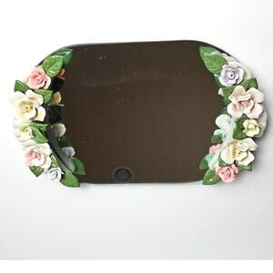 Vintage 80s Capodimonte Porcelain Flowers Mirror Vanity Tray